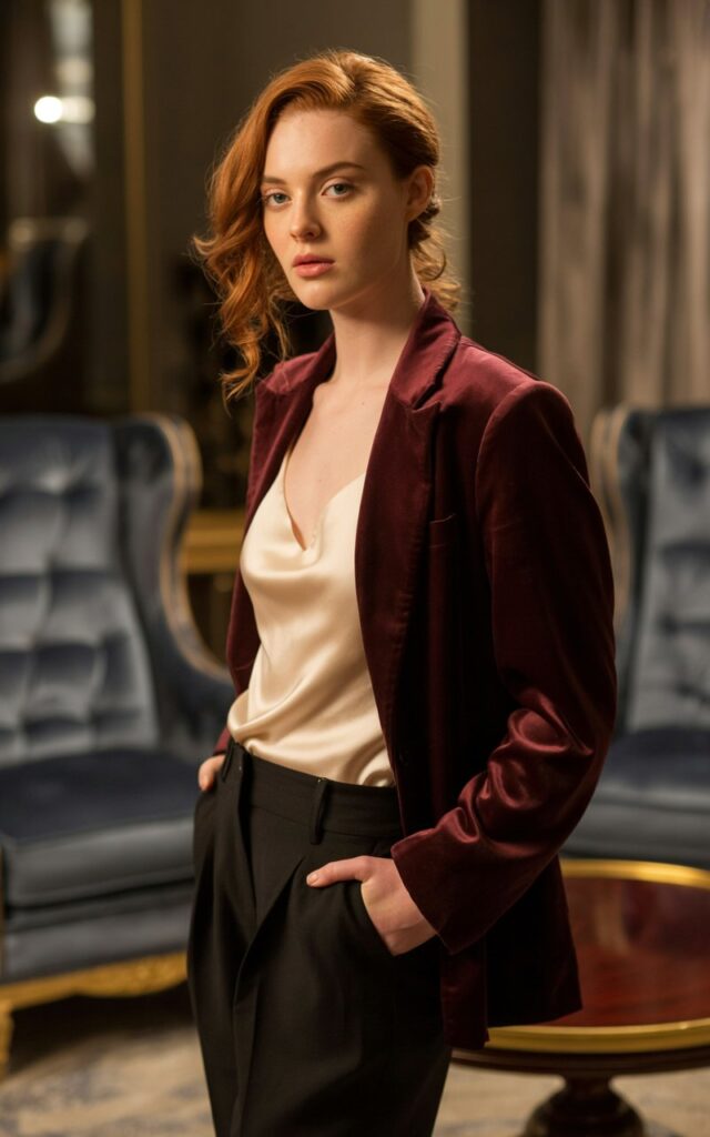 Full-body image of a white-skinned model with auburn hair styled in loose waves, wearing a burgundy velvet blazer, cream satin cami, and black trousers. She’s standing in a softly lit lounge with plush furniture. Warm, dim lighting creates a rich atmosphere. Relaxed pose with one hand in pocket, half-smile.