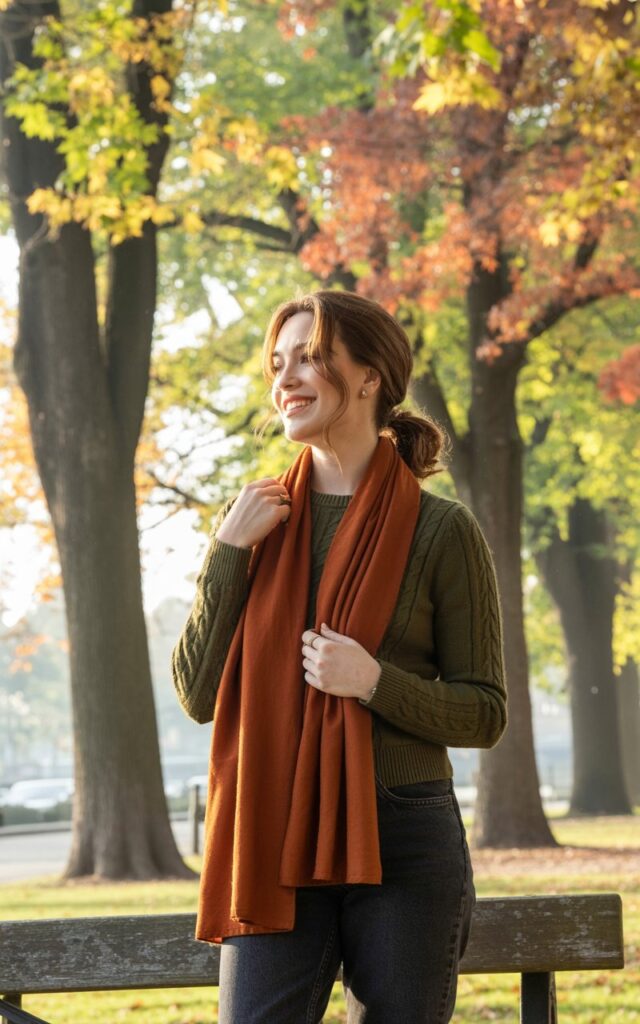 Full-body image of a white-skinned woman in a rust-colored scarf, olive sweater, and dark jeans. She stands near a park bench surrounded by autumn trees. Soft daylight filters through branches, highlighting her accessories. Her hair is in a loose ponytail, and she’s adjusting her scarf with a natural grin.