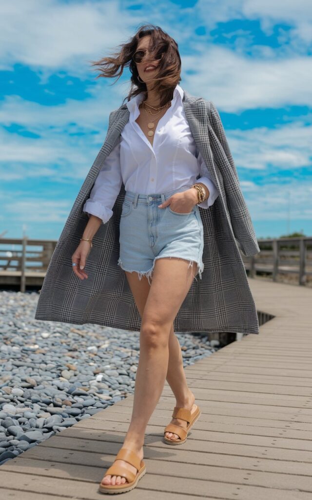 Full-body image of a woman on a sunny coastal boardwalk. She wears a crisp white button-up tucked into light blue denim shorts, tan sandals, and gold layered necklaces. Wind tousles her hair as she walks confidently, natural daylight creating a bright, airy look.
