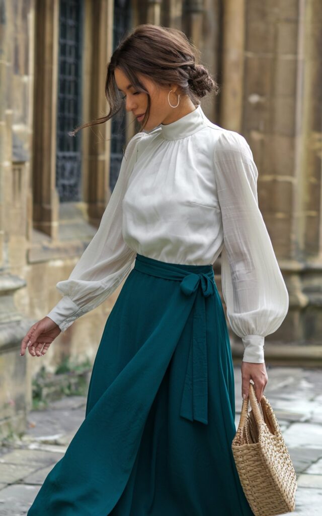 Full-body image of a woman walking near a historic stone building. She wears an ivory high-neck blouse with balloon sleeves tucked into a deep green wrap maxi skirt. Her brown hair is styled in a loose chignon, and she carries a woven bag. Natural daylight captures movement in her skirt for a graceful touch.