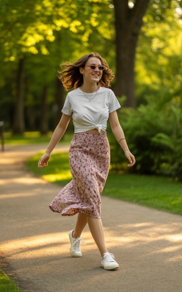 Full-body image on a sunlit park path surrounded by greenery. The model wears a white knotted tee and a pink floral midi skirt that flutters in the breeze, paired with white sneakers and cat-eye sunglasses. Her hair is down in loose curls, and she’s mid-step, smiling candidly. Warm, fresh, natural lighting enhances the playful tone.