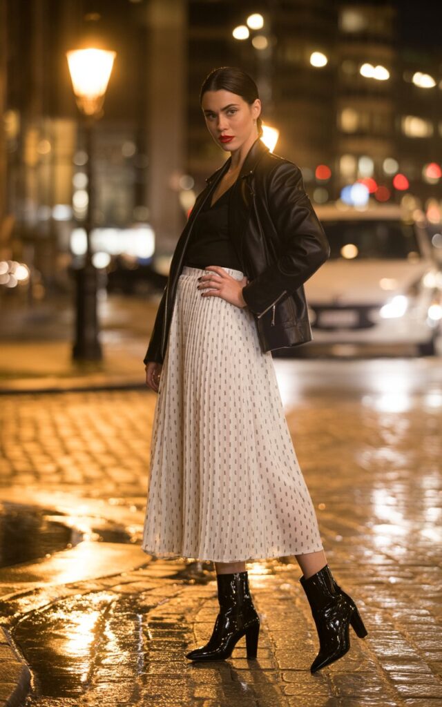 Full-body night scene under soft city lights. The model stands on a cobblestone street wearing a black leather jacket over a white polka-dot midi skirt, with heeled ankle boots and red lipstick. Her hair is slicked back, and she poses confidently with one hand on her hip. The reflections of streetlights on the pavement add cinematic contrast.