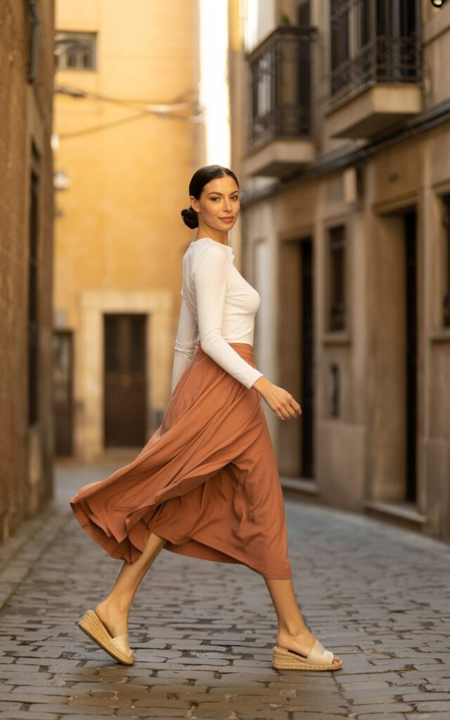 Full-body outdoor shot in a narrow European alleyway with cobblestone texture and soft golden light. The model wears a terracotta wrap midi skirt and a white fitted bodysuit with espadrille sandals. Her hair is tied in a sleek low bun, and she’s walking gracefully, glancing back at the camera. Natural textures and warm tones dominate the frame.
