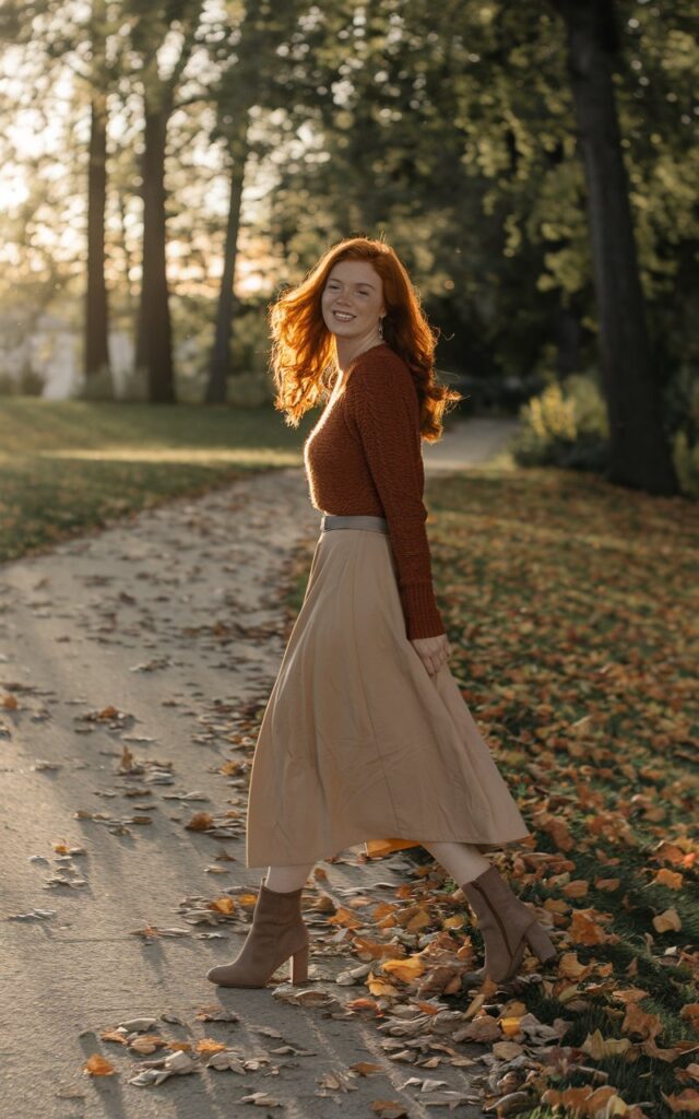 Full-body outdoor shot of a white-skinned redhead wearing a pleated beige midi skirt, rust sweater, and heeled boots. She’s walking along a park path covered in fallen leaves during golden hour. Hair flows naturally in the breeze, face glowing with a warm smile.