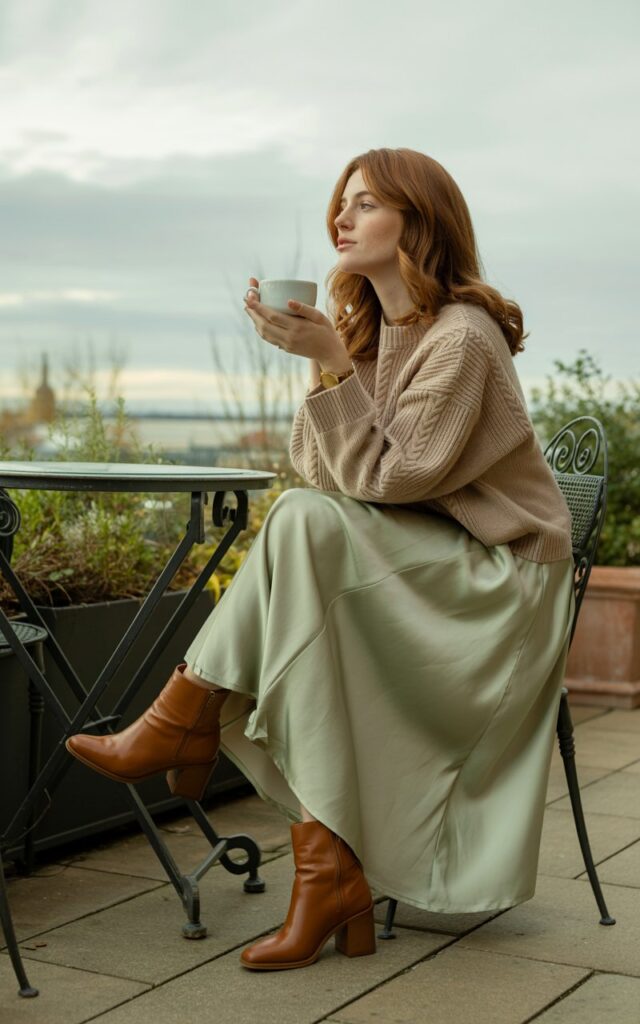 Full-body photo at an outdoor café terrace on a cool morning. The model wears a soft beige knit sweater tucked into a sage satin midi skirt, with ankle boots and a coffee cup in hand. Her auburn hair is styled in soft waves, and she’s sitting cross-legged, looking content. Soft overcast daylight creates a cozy, refined mood.