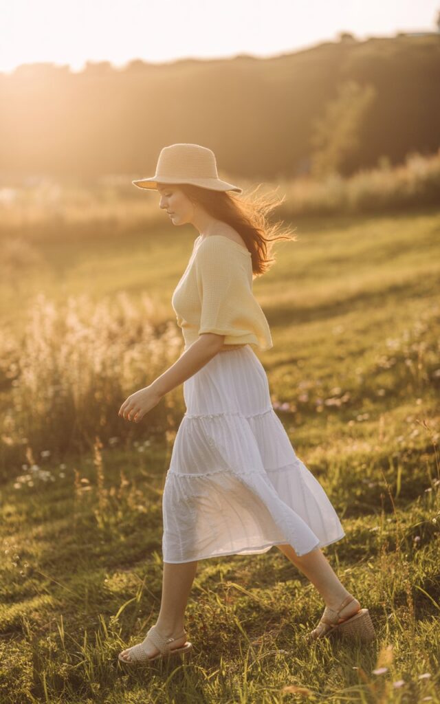 Full-body photo in a countryside field during golden hour. The model wears a white tiered midi skirt and a pale yellow lightweight knit top, paired with straw sandals and a floppy hat. Her hair catches the sunlight as she walks barefoot through tall grass. Dreamy, romantic, and softly backlit.