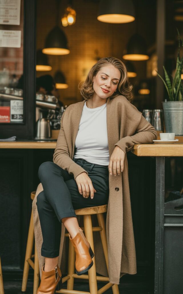 Full-body photo in a cozy café corner with warm indoor lighting. The model wears a long oatmeal cardigan over a white top and slim black pants, paired with tan ankle boots. Hair in soft waves, subtle nude lipstick. Pose seated casually on a stool, one arm resting on the counter, relaxed expression.