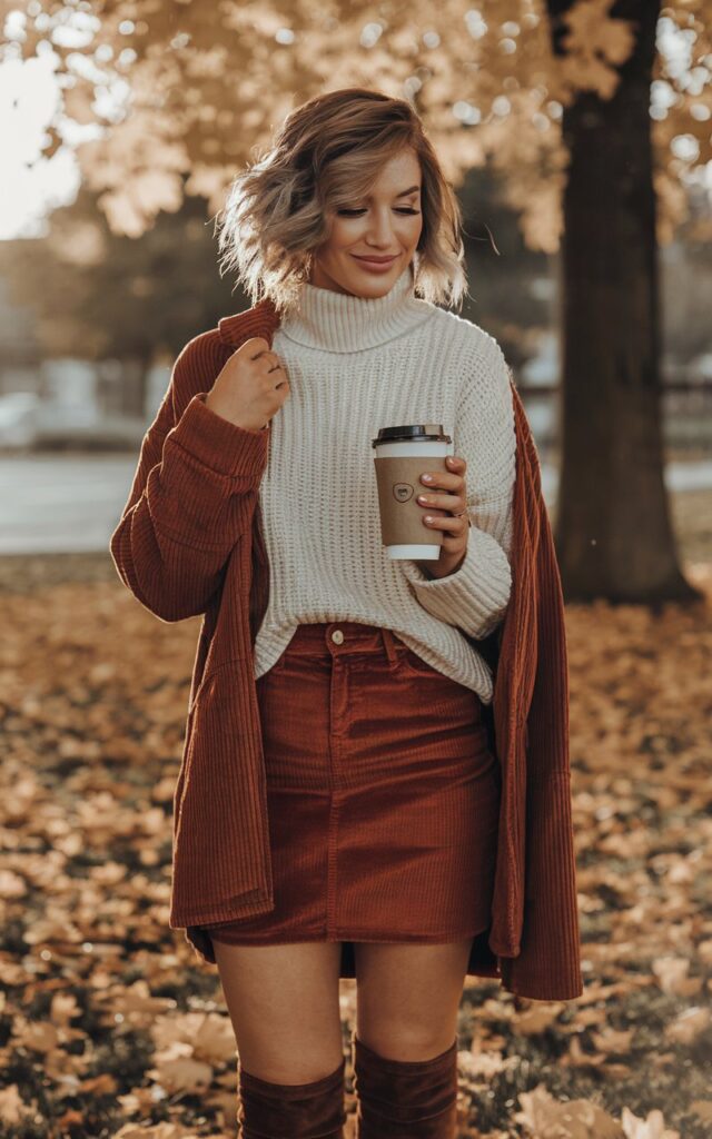 Full-body photo in a fall park with golden leaves around. The model wears a rust-colored corduroy mini skirt, cream turtleneck sweater, and knee-high boots. Her hair is in soft waves, and she’s holding a coffee cup, smiling gently in golden hour light.