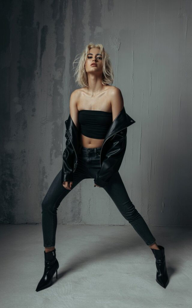 Full-body photo in a moody indoor setting with studio lights and concrete walls. The model wears a black tube top, cropped leather jacket, and skinny jeans with pointed boots. Her blonde hair is tousled, makeup bold with winged liner. She stands with one leg bent, chin lifted — fierce, edgy, confident.