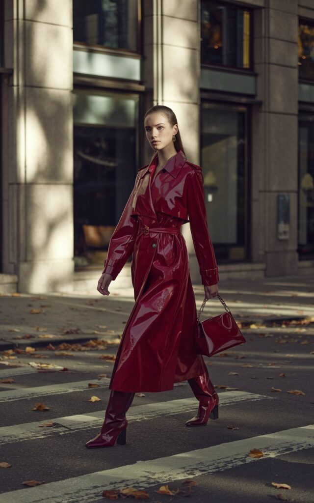 Full-body photo of a confident white-skinned female model with sleek brunette hair, wearing a cherry red trench coat, matching glossy boots, and a structured handbag. She walks across a sunlit city crosswalk with autumn leaves on the pavement. Natural daylight with soft reflections off nearby windows. Expression bold and self-assured.