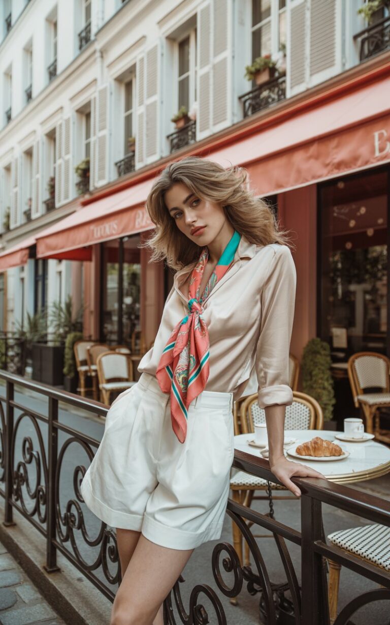 Full-body photo of a model with light brown hair styled in loose waves, wearing a cream blouse tucked into white shorts. A colorful silk scarf is tied in her hair. She’s standing by a pastel Parisian café under soft daylight, with coffee cups on an outdoor table. She’s leaning casually against a railing, smiling subtly.