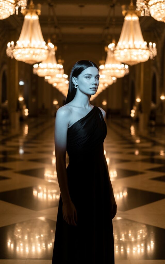 Full-body photo of a model with sleek black hair and porcelain skin, wearing a floor-length black one-shoulder evening gown and subtle silver earrings. She’s standing in a dimly lit ballroom with chandeliers. Soft golden lighting reflects off her dress. Poised stance, serene expression, timeless elegance.