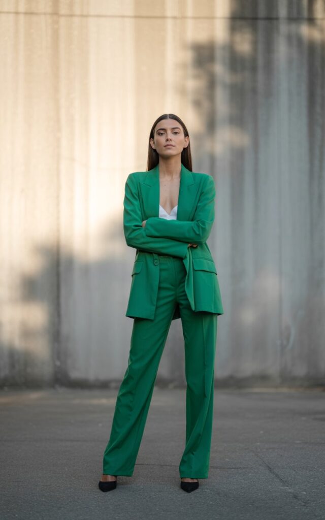 Full-body photo of a tall woman with sleek straight hair, wearing a bold emerald green pantsuit with pointed black heels. She’s posing against a minimalist concrete wall outdoors in soft daylight. The suit fits sharply, and she holds her blazer open casually. Confident, editorial pose — chin lifted, expression fierce.
