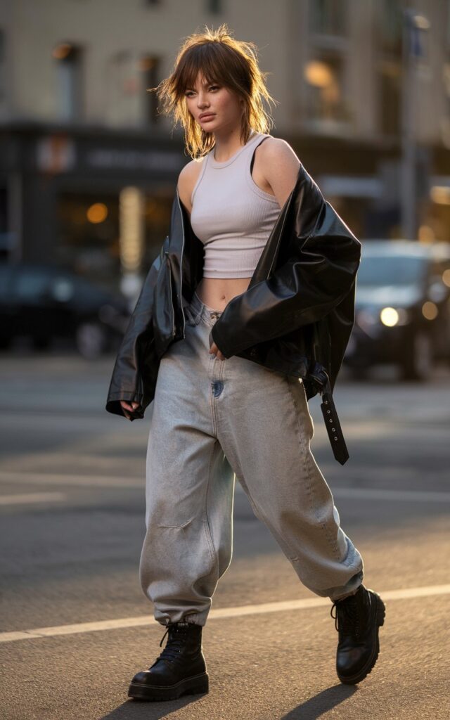 Full-body photo of a white-skinned female model with sharp features and tousled brunette hair, standing on a city street. She wears an oversized black leather jacket over a cropped white tank and baggy light-wash jeans with chunky black boots. Golden hour light hits the scene, highlighting her confident, slightly smirking expression. Realistic skin texture and natural shadows; candid “caught mid-step” pose.