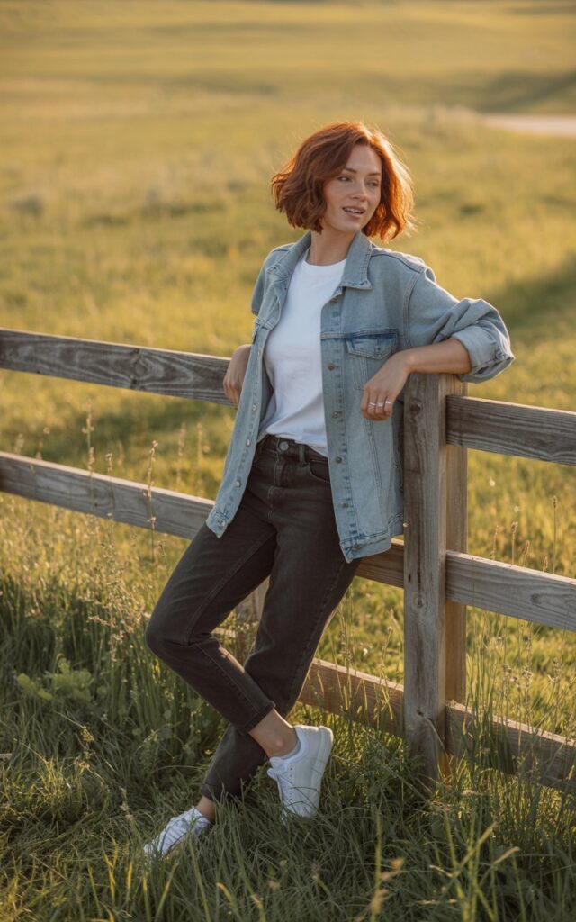 Full-body photo of a woman in a light denim jacket over a white tee, dark jeans, and sneakers. She leans casually against a rustic wooden fence in a sunlit field. Golden-hour light adds warmth and glow. Her tousled hair frames her face naturally as she looks candidly to the side.