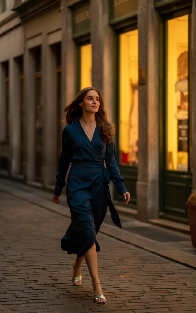 Full-body photo of a woman with long brown hair in waves, wearing a deep navy wrap dress and silver metallic sandals. She’s walking down a cobblestone street at sunset, golden light reflecting off nearby shop windows. Dress flows naturally with her stride, expression calm and content.