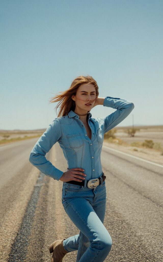 Full-body portrait of a white-skinned female model with a fit body and sharp features, wearing a light blue fitted denim shirt tucked into distressed jeans, brown ankle boots, and a silver statement belt buckle. She stands confidently on a sunlit desert road, one hand resting on her hip, the other adjusting her wide-brim hat. Natural daylight with soft shadows highlights denim texture and wind-tousled hair.