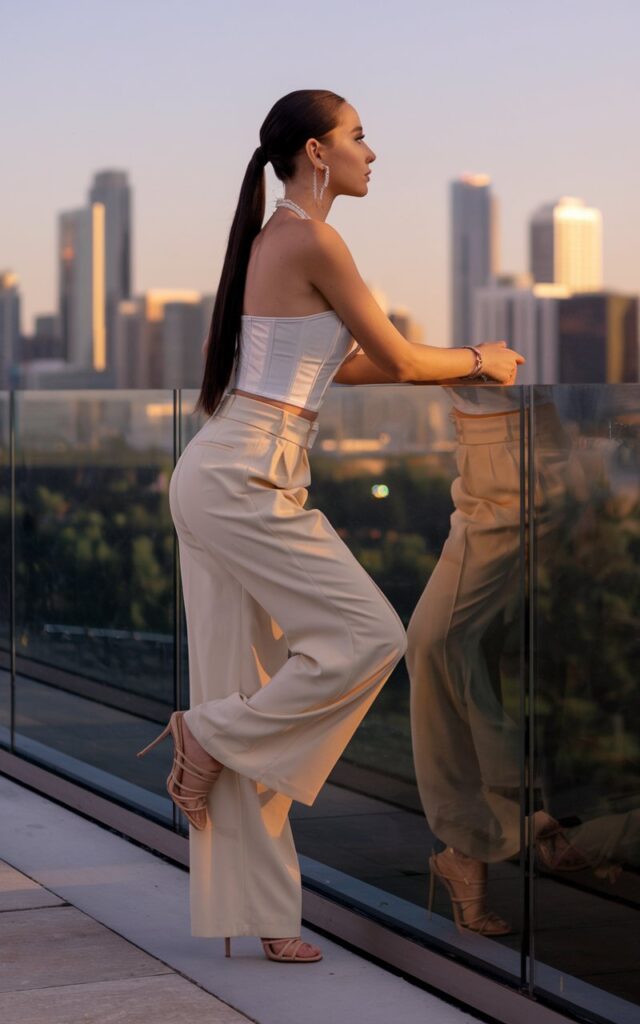 Full-body rooftop shot during golden hour. White-skinned woman with sleek ponytail wears a white corset top, cream wide-leg trousers, and strappy nude heels. Minimal jewelry. She leans on a glass railing, gazing at the skyline — confident, feminine, and poised.