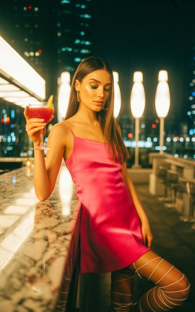 Full-body shot at an upscale rooftop lounge at night. The model wears a bold hot-pink mini dress with strappy metallic heels. Her sleek straight hair and glowing makeup pop under ambient lights. She stands confidently by the bar, cocktail in hand, exuding playful charm.