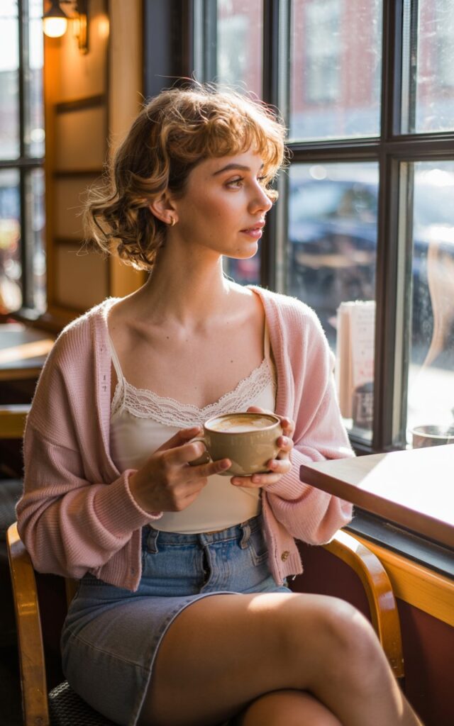 Full-body shot in a cozy café with warm lighting and wood tones. The model has light brown hair in soft curls, wearing a lace-trim cami under a pastel cropped cardigan, paired with denim mini and ballet flats. She’s seated by the window with sunlight streaming in, looking thoughtfully out while holding a coffee cup. Natural makeup and soft glow.