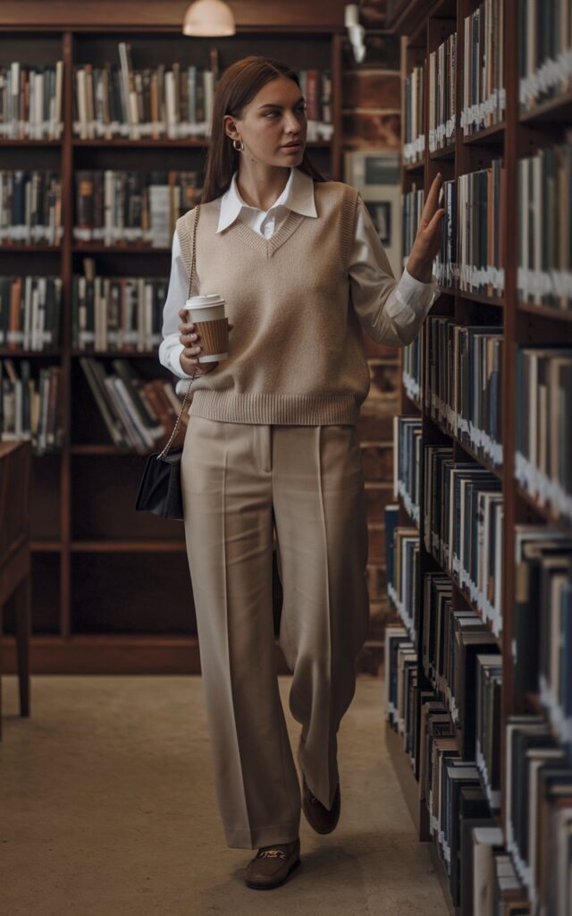 Full-body shot in a cozy library or study. The model wears a beige knit vest over a white collared shirt with tailored trousers and loafers. She holds a coffee cup and looks thoughtfully at a nearby bookshelf. Warm indoor lighting enhances the “academic aesthetic” mood.