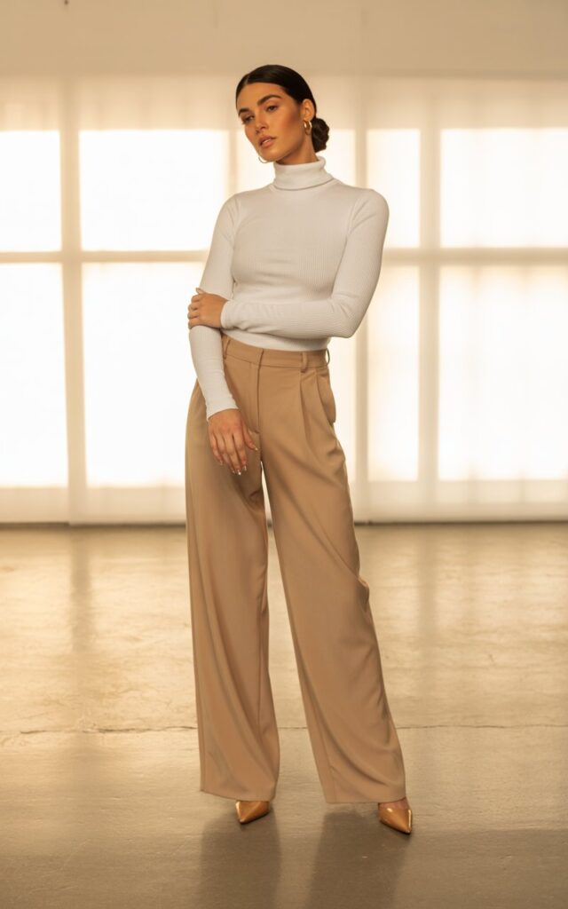Full-body shot in a minimalist studio with beige walls and soft daylight. The model wears a white turtleneck tucked into wide-leg tan trousers and beige heels. Her hair is sleek in a low bun, makeup neutral and glowy. Pose hands crossed gently, exuding quiet confidence.
