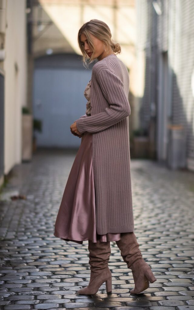 Full-body shot in a quiet cobblestone alley. The model wears a long ribbed cardigan belted at the waist over a silky midi skirt in mauve tones. She completes the look with knee-high suede boots. Her hair is in a relaxed low ponytail, and soft afternoon light adds warmth to the textures.