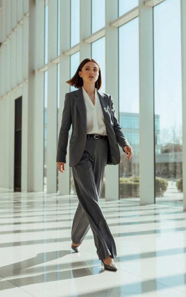 Full-body shot in a sleek, modern office lobby with marble floors. The model walks forward with confidence, wearing a charcoal gray structured blazer, white blouse, and wide-leg trousers. Minimal accessories — a black belt and pointed heels. Her hair is sleek and straight, makeup matte and refined. Bright natural daylight from tall windows highlights her poised, CEO-like energy.