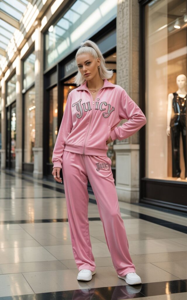 Full-body shot of a fit, white female model with sleek blonde hair in a high ponytail, wearing a pink velour Juicy Couture tracksuit with rhinestone logo on the back and white sneakers. She’s standing confidently on a sunlit mall walkway with glossy floors and boutique windows behind her. Natural daylight filters through skylights, giving soft reflections. She has a slight smile, one hand on her hip, embodying casual luxury.
