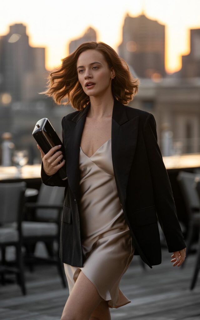 Full-body shot of a fit woman with wavy chestnut hair, wearing a champagne satin slip dress layered under a black structured blazer. She’s standing near a dimly lit rooftop bar at sunset, holding a clutch. Soft ambient lighting glows around her. Her expression is relaxed yet confident, one foot slightly forward, hair tousled by the breeze.