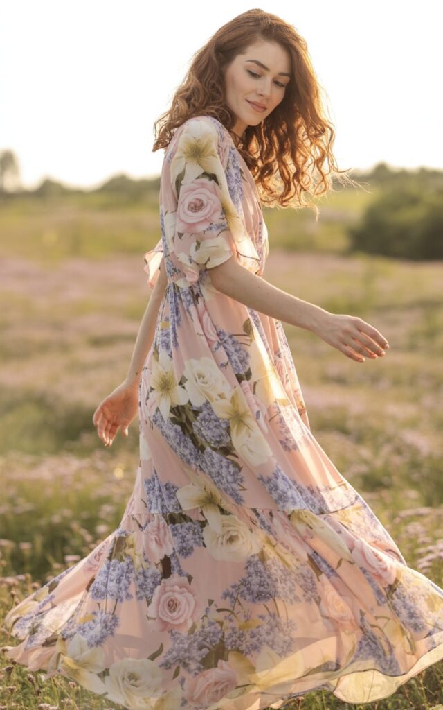 Full-body shot of a model spinning gracefully in a pastel floral maxi dress with light chiffon fabric, paired with nude strappy sandals. Golden hour in a flower field, her wavy hair flowing naturally. Candid twirl, soft smile, dreamy vibe.