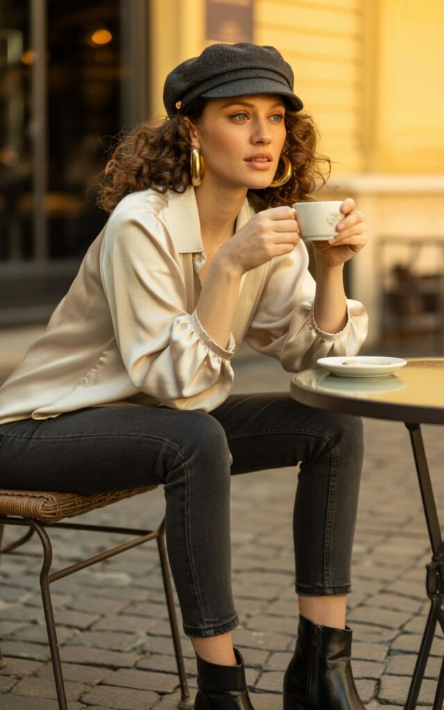 Full-body shot of a model with soft brown curls wearing a cream blouse, skinny jeans, black boots, and a gray newsboy cap. Large gold hoops catch the sunlight. She’s on a cobblestone street café terrace with natural golden-hour light. She looks off-camera, sipping coffee, elegant and nostalgic.