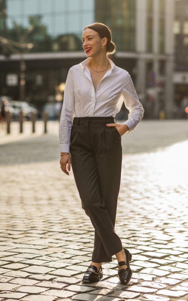 Full-body shot of a stylish white-skinned woman standing confidently on a cobblestone city street at golden hour. She wears a crisp white button-up tucked into high-waisted tailored black trousers with sleek loafers. Minimal gold jewelry, red lip, and slick low bun. Natural light glows softly, highlighting textures. Pose one hand in pocket, relaxed smile, modern city backdrop.