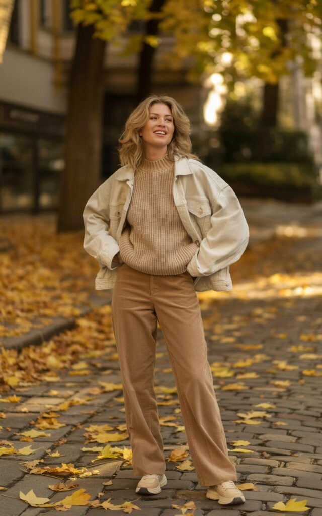 Full-body shot of a white female model in a neutral fall outfit — beige knit sweater, tan corduroy trousers, and cream denim jacket. She stands on a cobblestone street lined with golden leaves. Natural golden-hour light enhances the soft tones. Her wavy blonde hair moves slightly in the breeze, and she looks off-camera with a relaxed, confident smile.