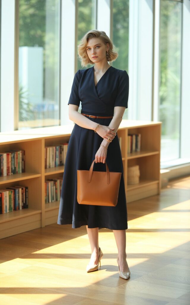 Full-body shot of a white female model with sharp features and soft waves in her hair, wearing a structured navy midi dress with short sleeves and a belted waist. She stands confidently in a bright, modern classroom with bookshelves and sunlight streaming through tall windows. Natural daylight with soft shadows. Nude heels, minimal gold jewelry, and a tote bag complete the look. Expression calm and professional.