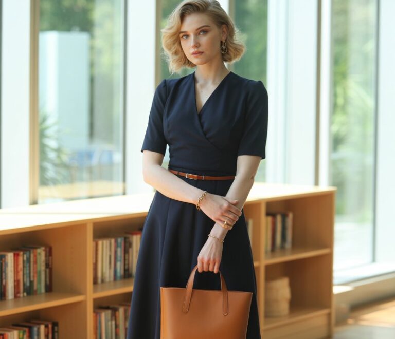 Full-body shot of a white female model with sharp features and soft waves in her hair, wearing a structured navy midi dress with short sleeves and a belted waist. She stands confidently in a bright, modern classroom with bookshelves and sunlight streaming through tall windows. Natural daylight with soft shadows. Nude heels, minimal gold jewelry, and a tote bag complete the look. Expression calm and professional.