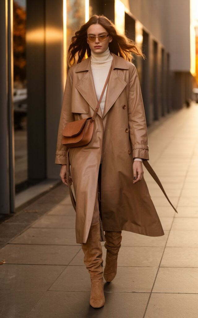 Full-body shot of a white-skinned female model with sharp cheekbones and wavy chestnut hair walking down a sleek urban street in autumn. She wears a camel trench coat, cream turtleneck, and tan knee-high suede boots, paired with gold sunglasses and a leather crossbody bag. Golden hour lighting casts warm tones. She walks confidently, coat fluttering slightly in motion, giving effortless city-chic vibes.