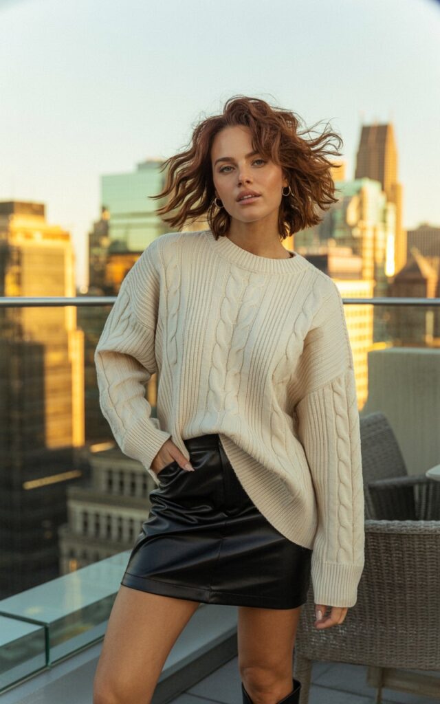 Full-body shot of a white-skinned female model with tousled wavy brown hair and sharp cheekbones, wearing a black leather mini skirt, oversized cream knit sweater half-tucked, and ankle boots. She stands confidently on a rooftop bar at sunset with city lights behind her. Golden hour lighting casts a soft warm glow. She smiles slightly, wind catching her hair, one hand in her pocket, looking effortlessly chic.