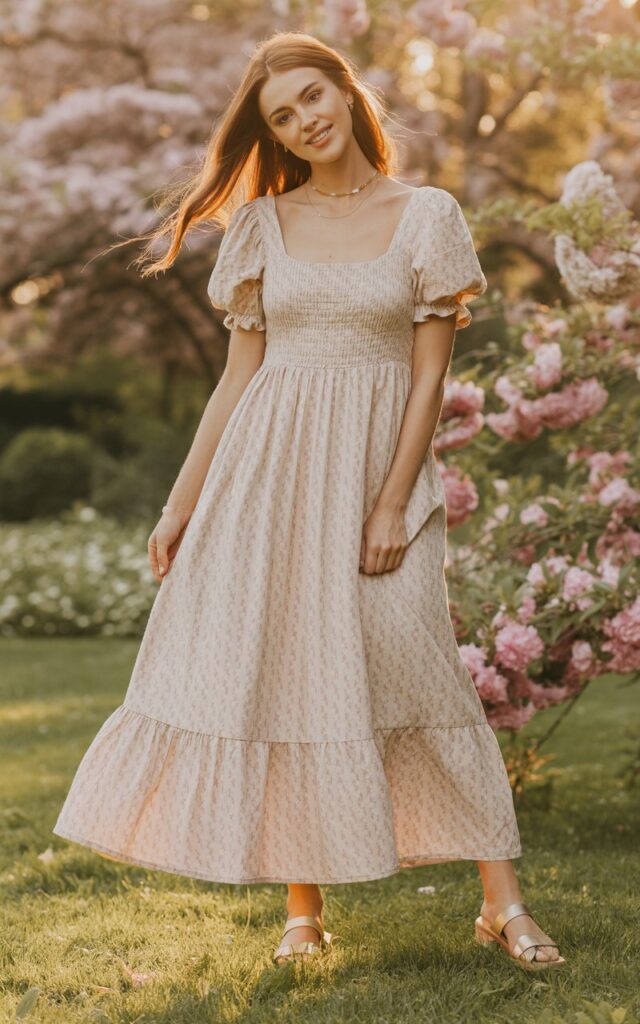 Full-body shot of a white-skinned woman standing in a blooming garden during golden hour. She wears a pastel cotton maxi dress with puff sleeves and soft floral prints, styled with delicate sandals and a dainty gold necklace. Her hair flows loosely in waves, glowing under the warm sunlight. She smiles gently, one hand grazing the hem of her dress as it sways.