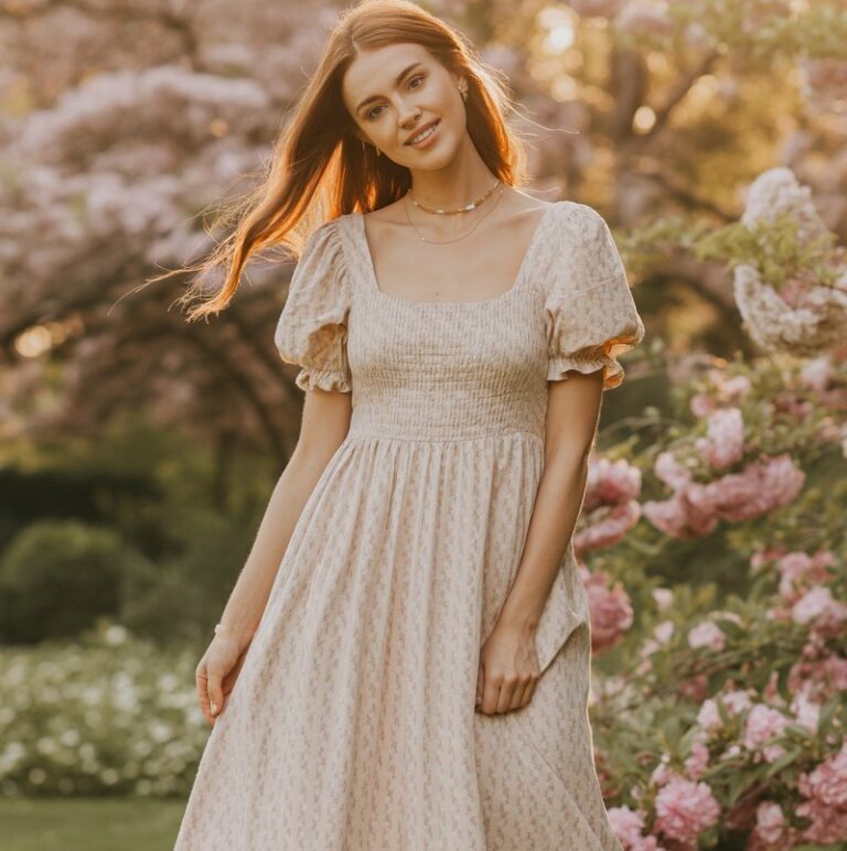 Full-body shot of a white-skinned woman standing in a blooming garden during golden hour. She wears a pastel cotton maxi dress with puff sleeves and soft floral prints, styled with delicate sandals and a dainty gold necklace. Her hair flows loosely in waves, glowing under the warm sunlight. She smiles gently, one hand grazing the hem of her dress as it sways.