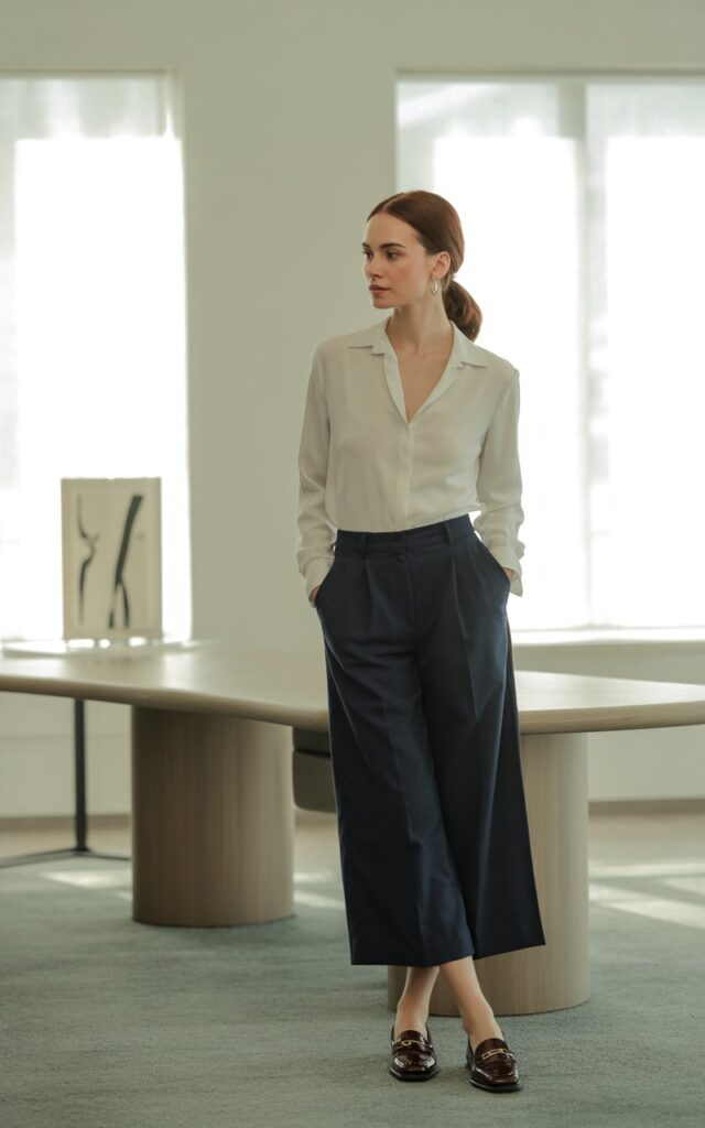 Full-body shot of a white-skinned woman with chestnut hair styled in a low ponytail. She wears a white button-up tucked into navy culottes with loafers. The office background features minimalist modern furniture. Soft daylight through windows enhances her clean, polished aesthetic.