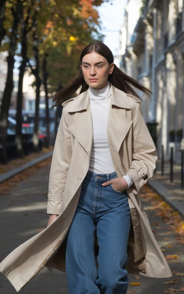 Full-body shot of a white-skinned woman with sharp features and sleek brunette hair, wearing a beige trench coat over blue jeans and a white turtleneck. She’s walking confidently down a Parisian-style street lined with autumn trees and fallen leaves. Natural daylight, soft shadows. The trench billows slightly in motion, her hands in pockets, expression calm and poised.