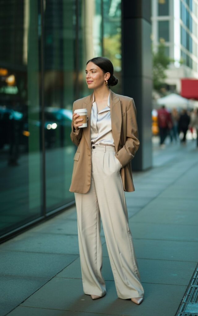 Full-body shot of a white-skinned woman with sleek brunette hair in a low bun, standing confidently on a modern city sidewalk. She wears a beige structured blazer, white silk blouse, and high-waisted cream wide-leg trousers with nude heels. Natural daylight reflects off glass buildings. She holds a coffee cup and smiles slightly, exuding CEO energy. No words should be on the image.