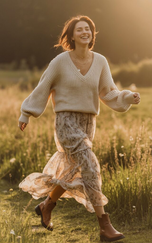 Full-body shot of a woman wearing a chunky beige knit sweater over a floral chiffon maxi dress, brown boots, and layered necklaces. She’s walking through a sunlit field, dress flowing in motion. Golden-hour light adds dreamy warmth. Her smile feels genuine and carefree.