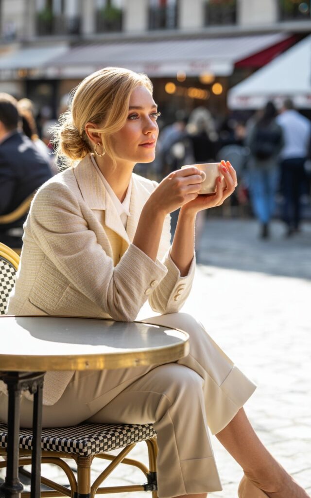 Full-body shot of a woman with blonde hair in a loose bun, wearing a cream tweed jacket, beige cigarette pants, and nude heels. She’s seated elegantly at a Parisian-style café table outdoors. Warm morning light and blurred pedestrians in the background. She’s holding a coffee cup, gaze slightly off-camera, effortlessly chic.