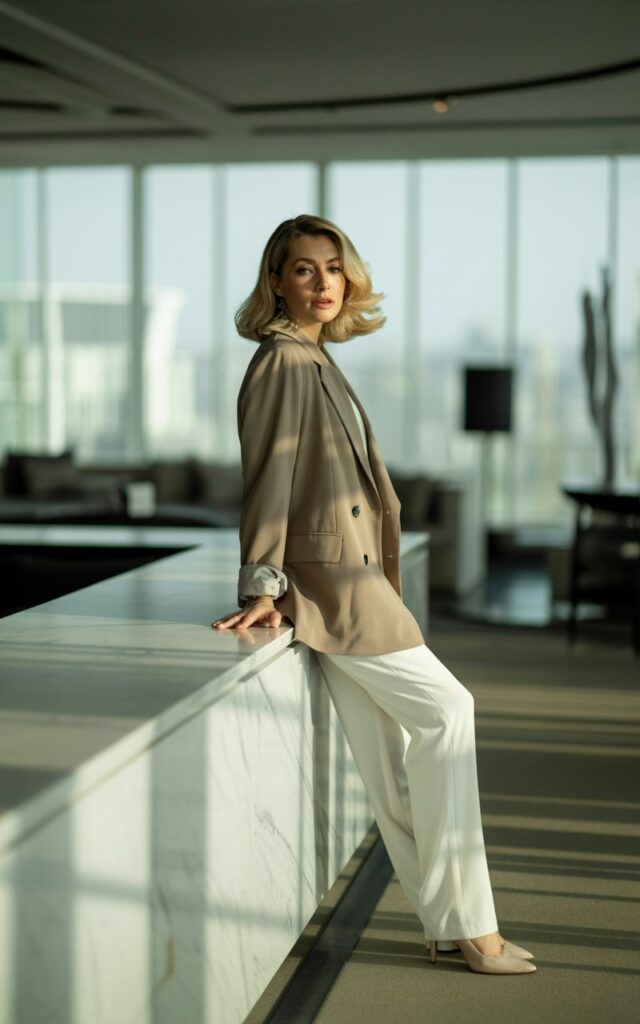 Full-body shot of a woman with shoulder-length blonde hair, wearing a beige double-breasted blazer, white straight-leg trousers, and nude heels. She’s leaning slightly on a marble counter in an upscale office lounge. Soft daylight from large windows creates elegant highlights. Calm, collected expression.