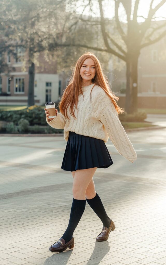 Full-body shot of a young woman with long auburn hair and walking across a sunlit college campus. She’s wearing a navy pleated mini skirt, an oversized cream cable-knit sweater, knee-high socks, and loafers. Soft golden afternoon light filters through the trees, casting a warm, cinematic glow. She holds a coffee cup and smiles playfully, exuding youthful, carefree energy.