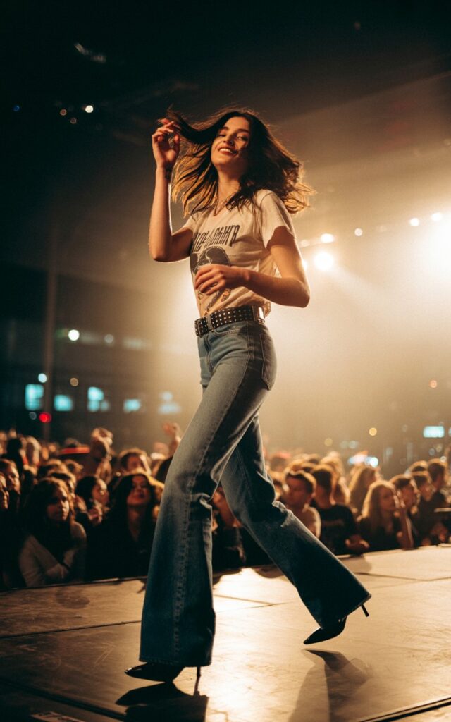 Full-body shot on a concert stage setting with warm spotlights. The model rocks a vintage band tee tucked into high-waisted flared jeans, statement belt, and pointed-toe boots. She’s mid-step, flipping her hair with a confident smirk, exuding rock-and-ranch energy.