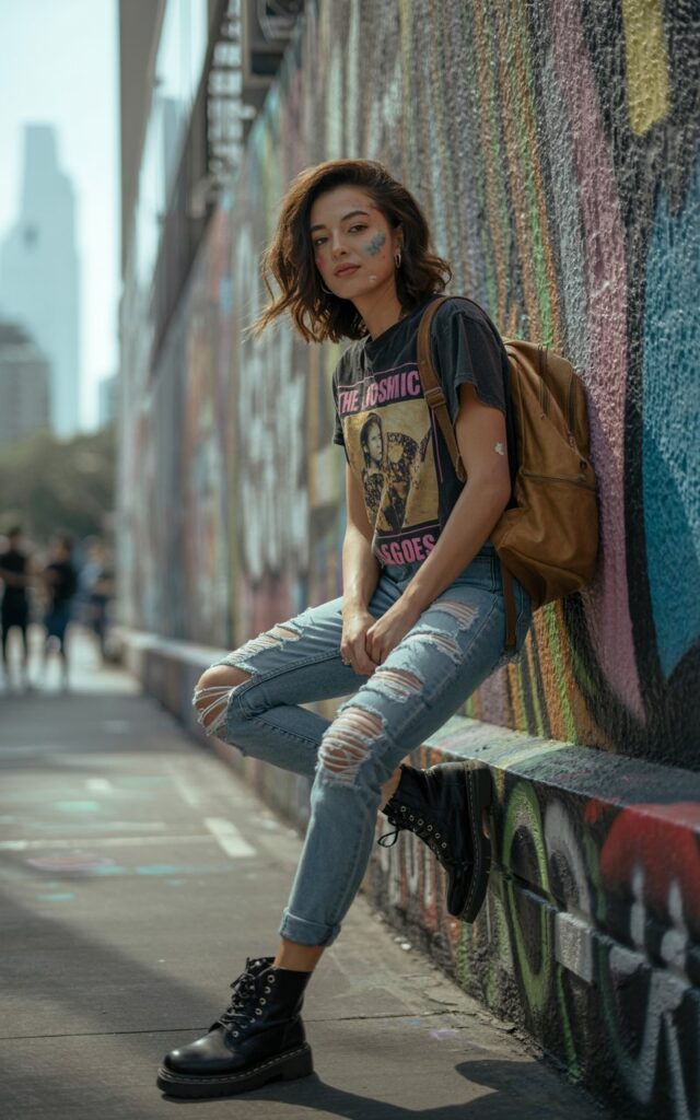 Full-body shot on an urban street wall covered in graffiti. The model wears distressed skinny jeans, a vintage band graphic tee, and chunky black boots. A leather backpack hangs from one shoulder. She leans casually against the wall with a cool, nonchalant expression, hair styled in messy waves.