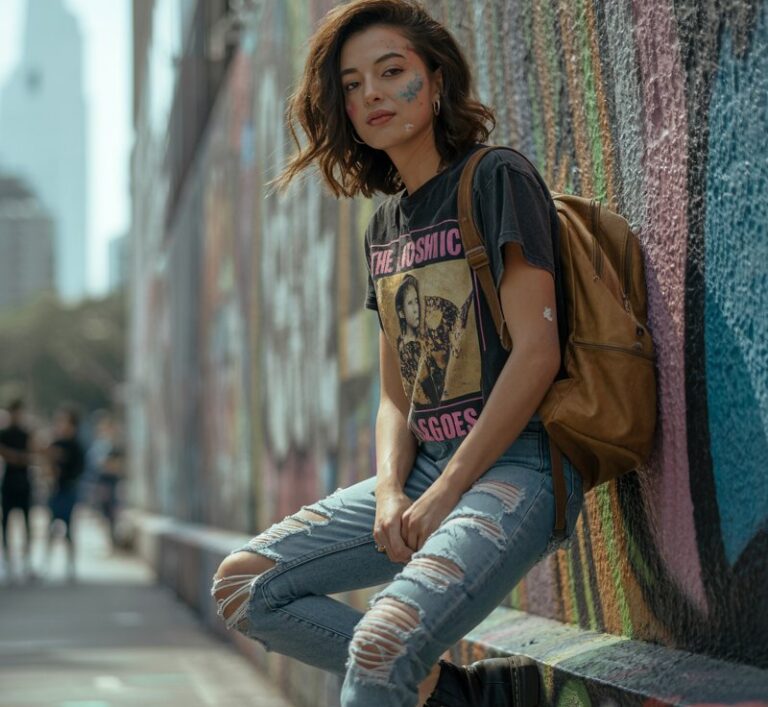 Full-body shot on an urban street wall covered in graffiti. The model wears distressed skinny jeans, a vintage band graphic tee, and chunky black boots. A leather backpack hangs from one shoulder. She leans casually against the wall with a cool, nonchalant expression, hair styled in messy waves.